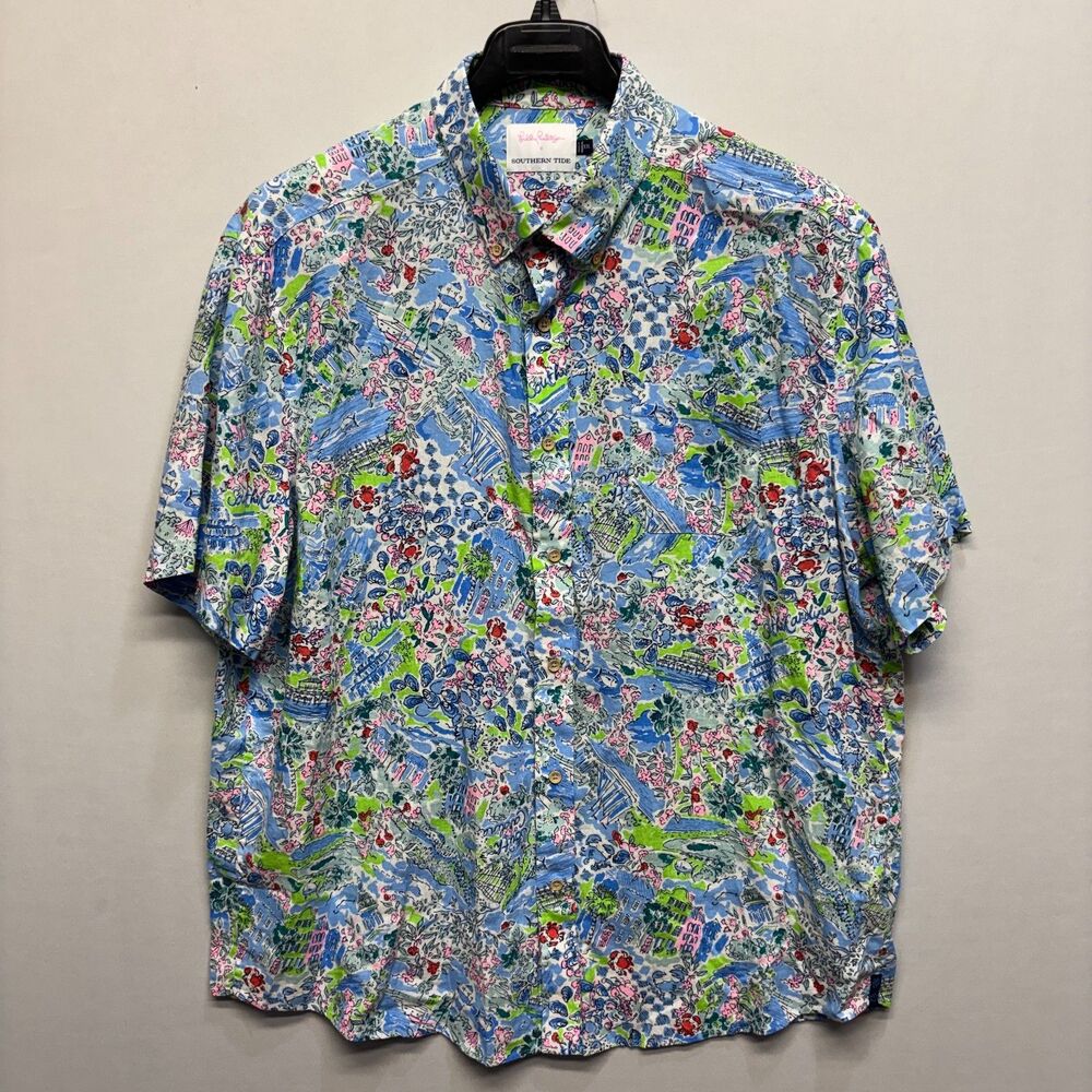 Lilly Pulitzer x Southern Tide Men Button Down Shirt XXL 2XL Linen Blend D103 16